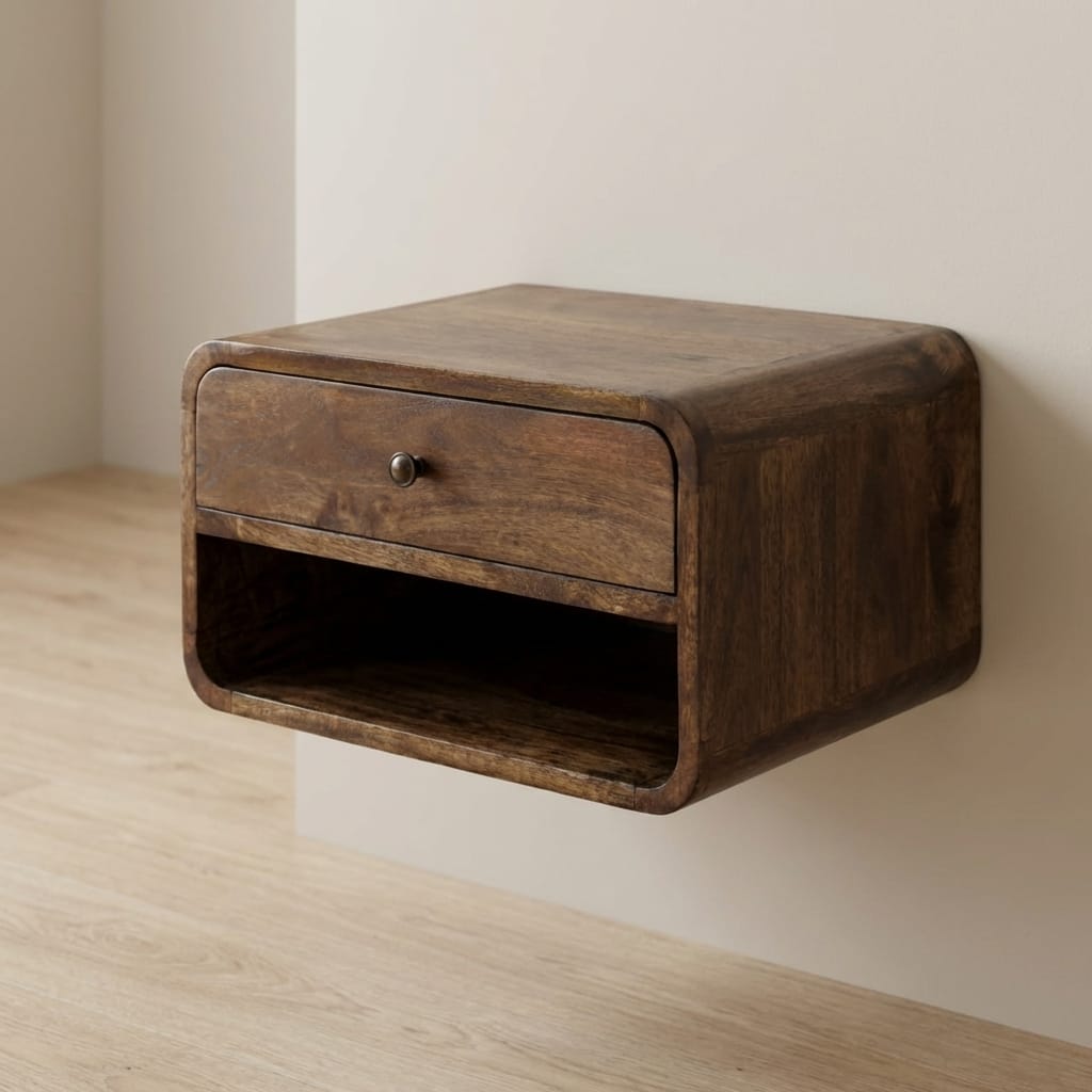 Classic Grey Rounded Edge 1-Drawer Bedside Table - Solid Mango Wood Nightstand - main view showing handcrafted solid...