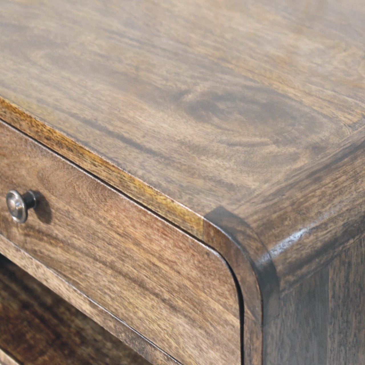 Classic Grey Rounded Edge 1-Drawer Bedside Table - Solid Mango Wood Nightstand - product view 5 showing handcrafted solid...