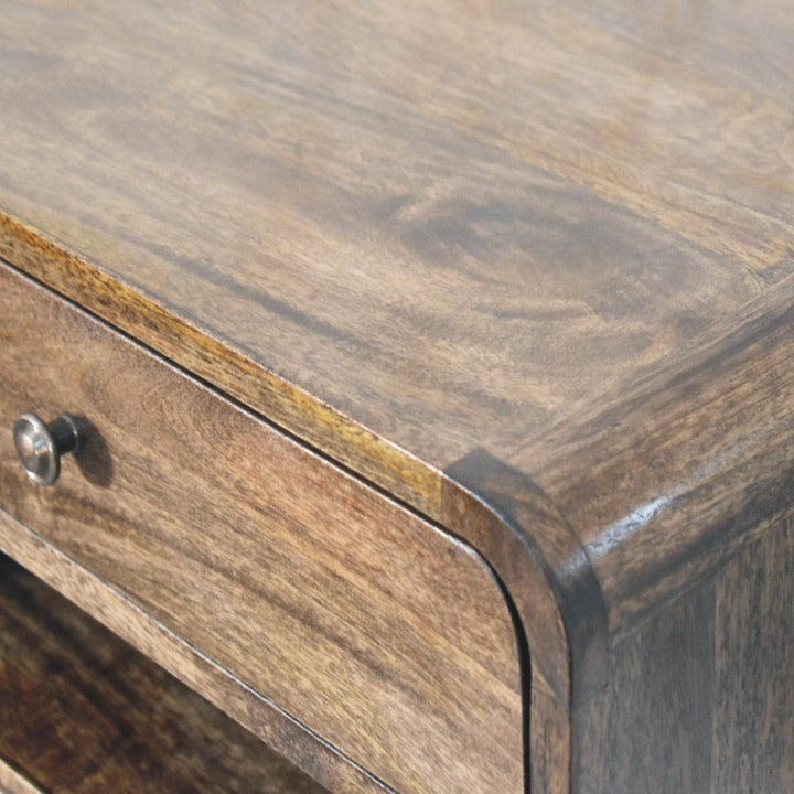 Classic Grey Rounded Edge 1-Drawer Bedside Table - Solid Mango Wood Nightstand - product view 5 showing handcrafted solid...