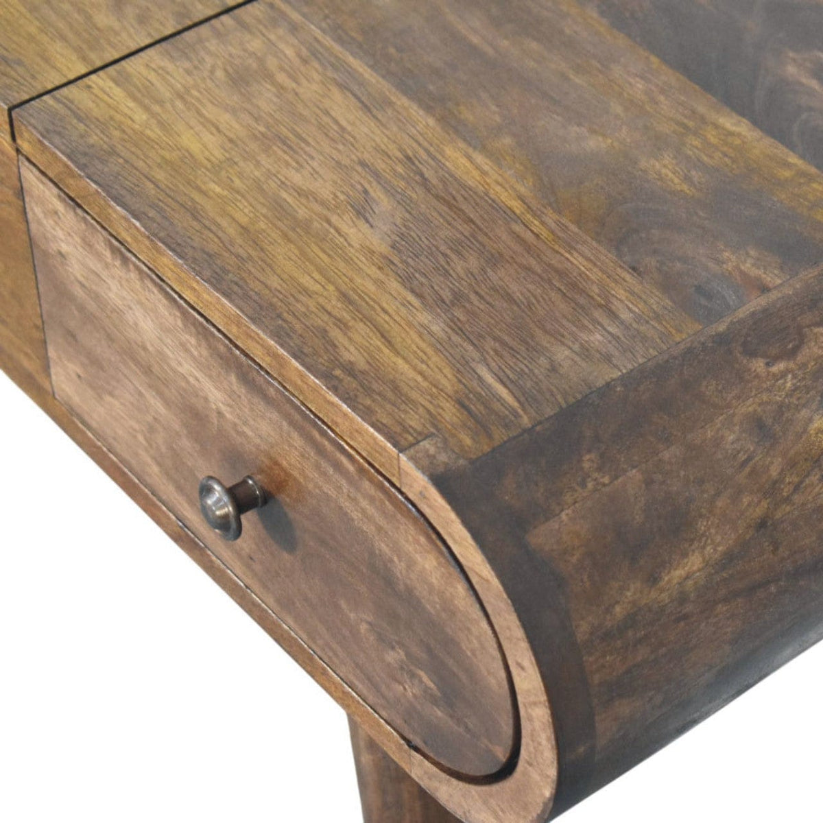 Classic Grey Curved Dressing Table in Solid Mango Wood - product view 4 showing handcrafted solid mango wood desk