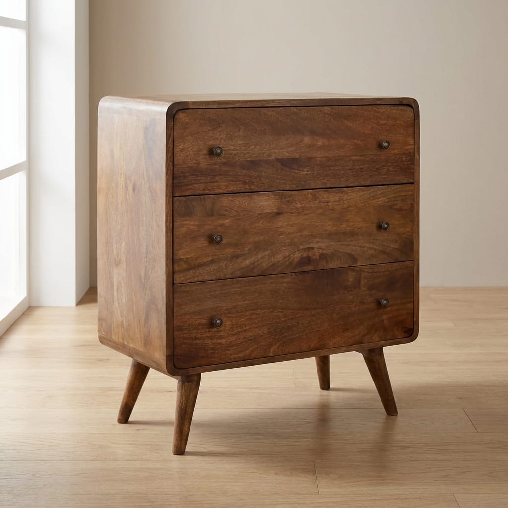 Curve Edge 3 Drawer Chest in Classic Grey - Solid Mango Wood Storage Cabinet - main view showing handcrafted solid mango...