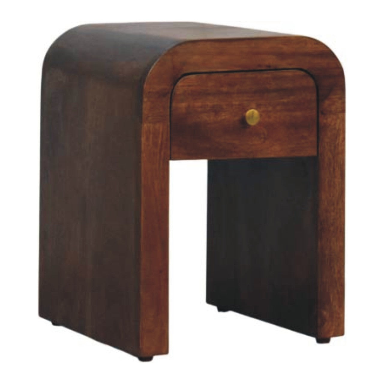 Roasted Almond Curved Bedside Table in Solid Mango Wood - product view 2 showing handcrafted solid mango wood nightstand