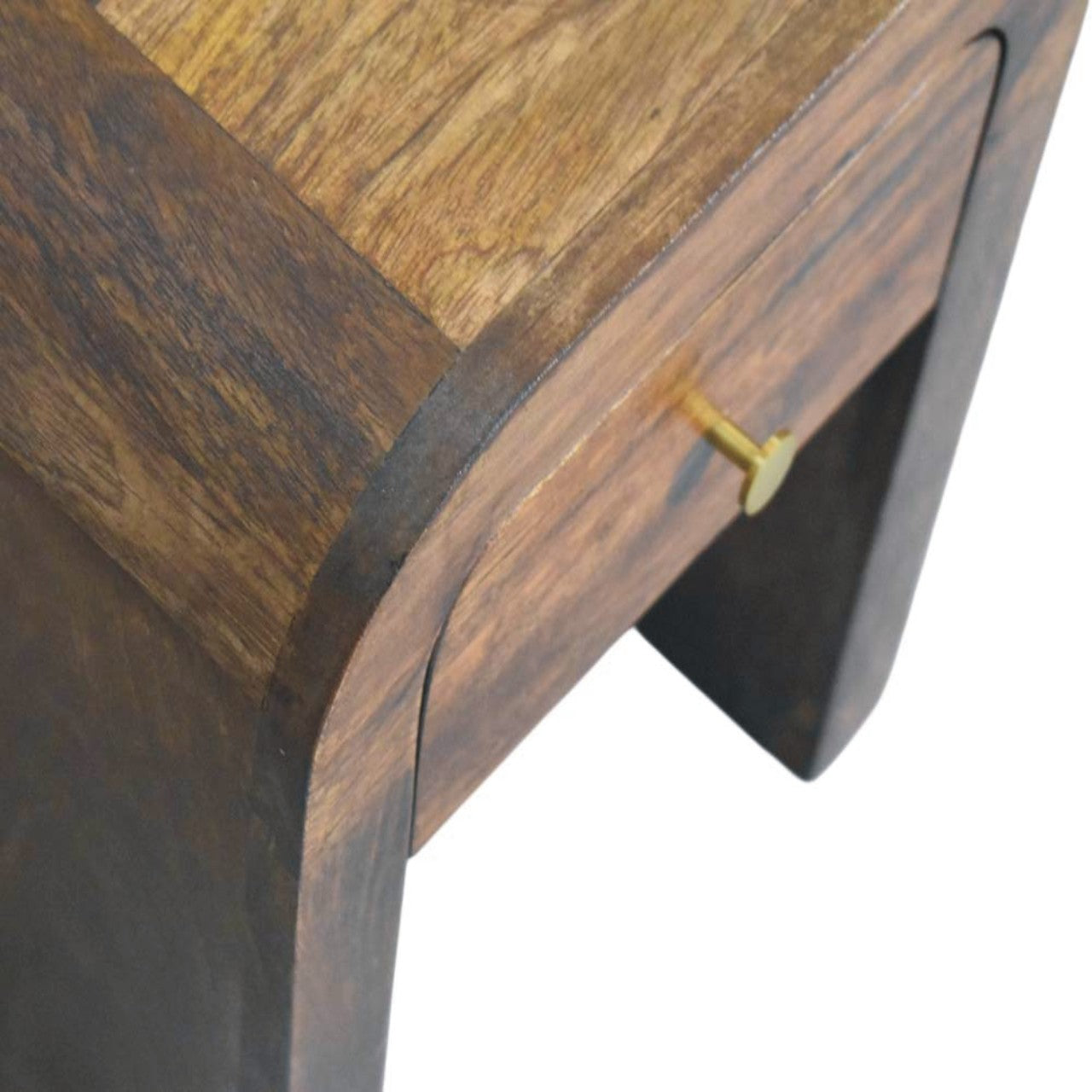 Roasted Almond Curved Bedside Table in Solid Mango Wood - product view 5 showing handcrafted solid mango wood nightstand