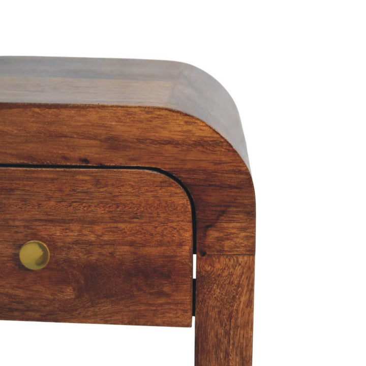 Roasted Almond Curved Bedside Table in Solid Mango Wood - product view 4 showing handcrafted solid mango wood nightstand