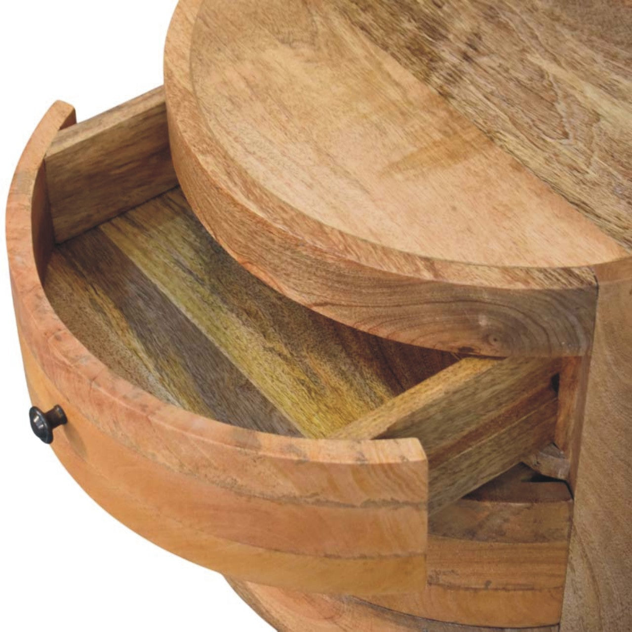 Oakish Curved Bedside Table with Marble Top in Solid Mango Wood - product view 5 showing handcrafted solid mango wood...