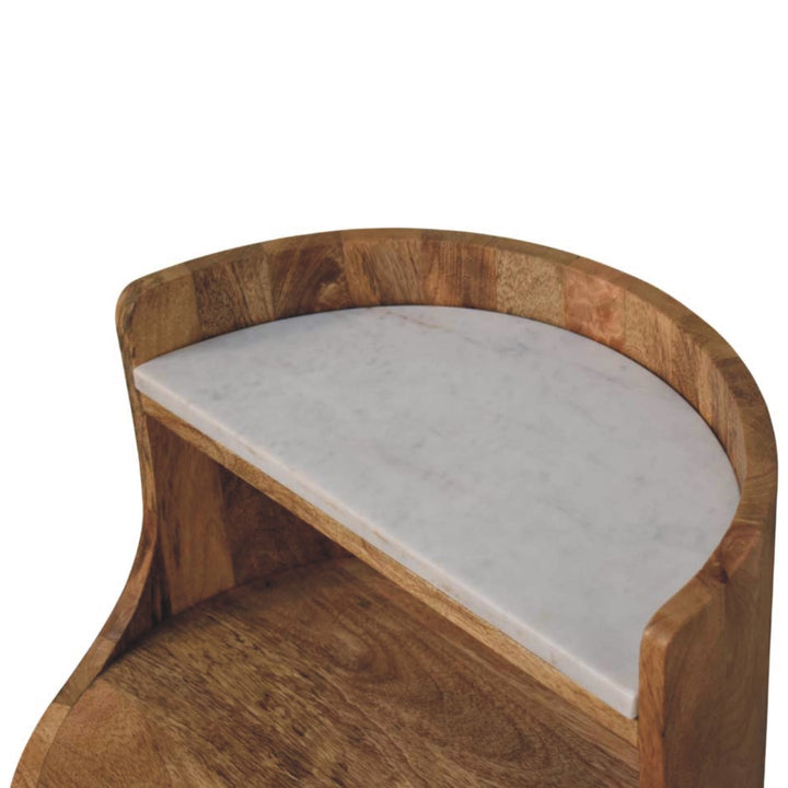 Oakish Curved Bedside Table with Marble Top in Solid Mango Wood - product view 4 showing handcrafted solid mango wood...