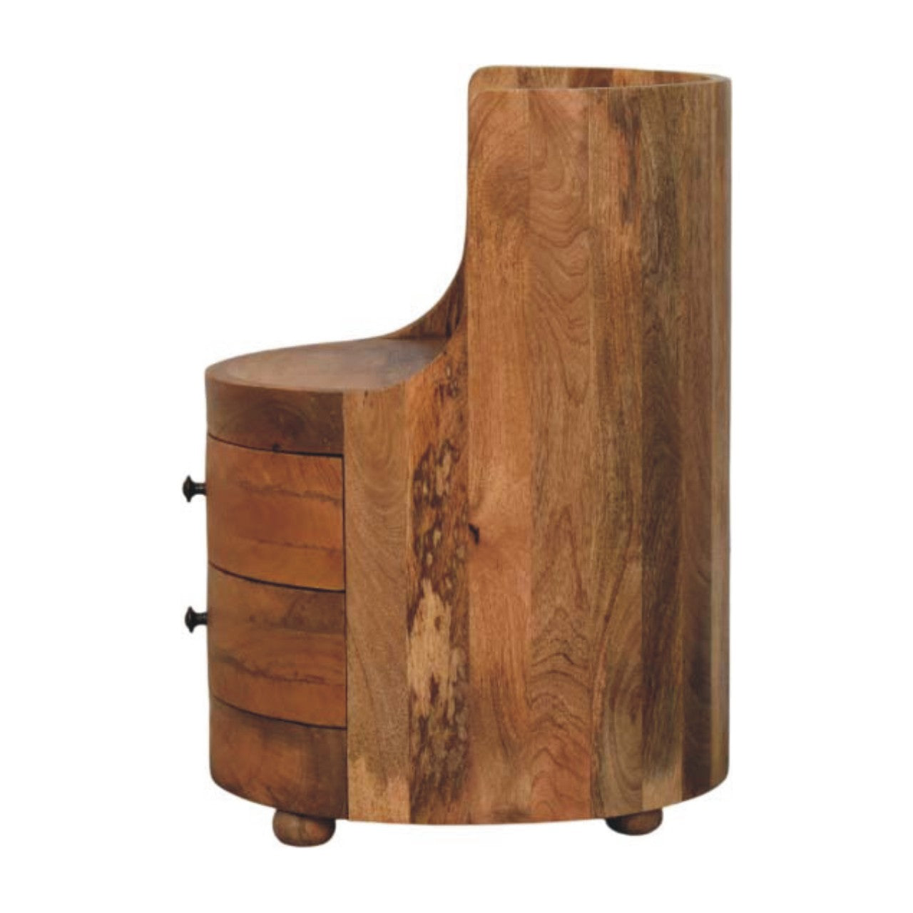 Oakish Curved Bedside Table with Marble Top in Solid Mango Wood - product view 7 showing handcrafted solid mango wood...