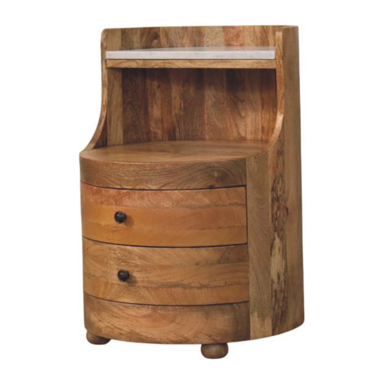 Oakish Curved Bedside Table with Marble Top in Solid Mango Wood - main view showing handcrafted solid mango wood nightstand