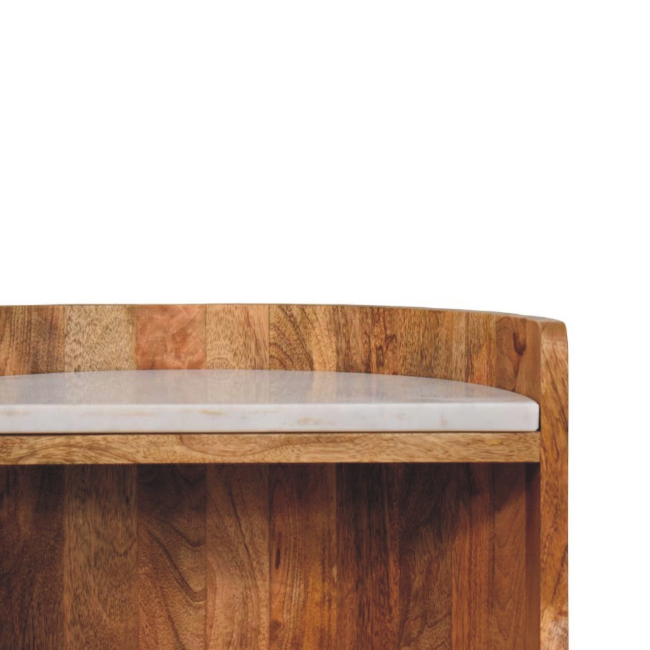 Oakish Curved Bedside Table with Marble Top in Solid Mango Wood - product view 3 showing handcrafted solid mango wood...