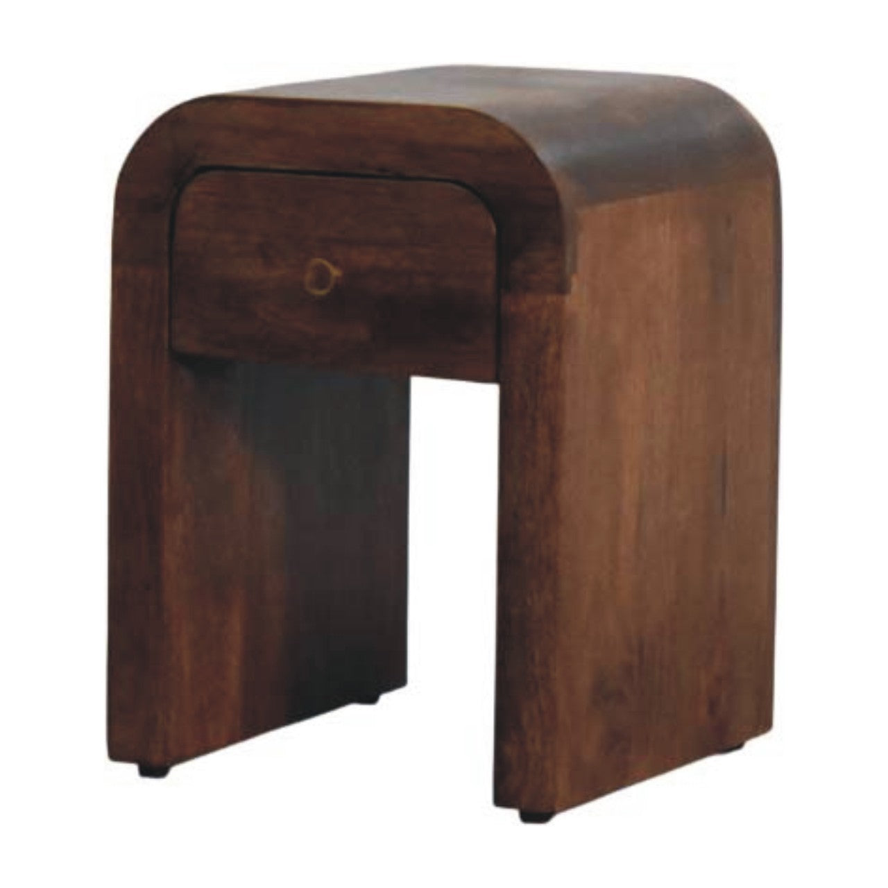 Roasted Almond Curved Bedside Table in Solid Mango Wood - product view 3 showing handcrafted solid mango wood nightstand