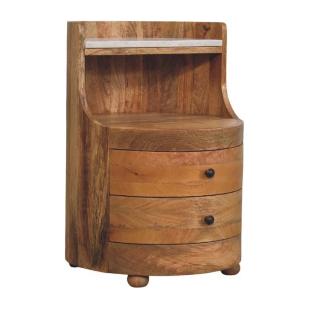 Oakish Curved Bedside Table with Marble Top in Solid Mango Wood - product view 2 showing handcrafted solid mango wood...