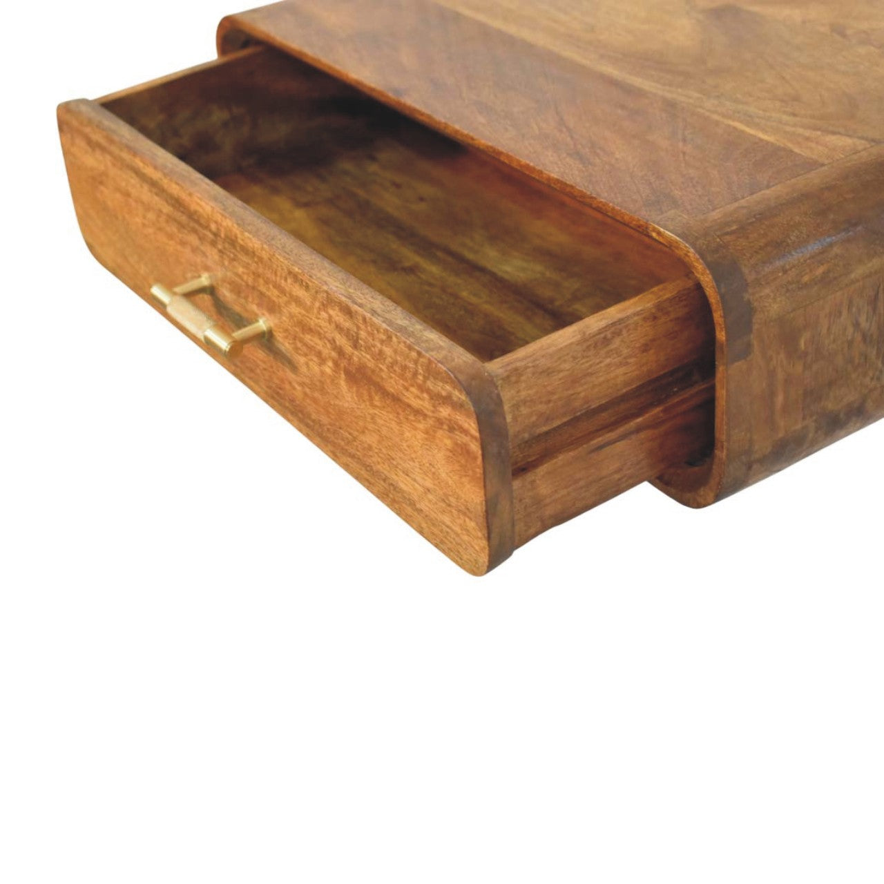 Amber Oak Curved Floating Bedside Table in Solid Mango Wood - product view 5 showing handcrafted solid mango wood nightstand