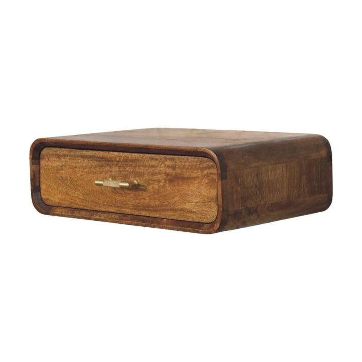 Amber Oak Curved Floating Bedside Table in Solid Mango Wood - product view 2 showing handcrafted solid mango wood nightstand