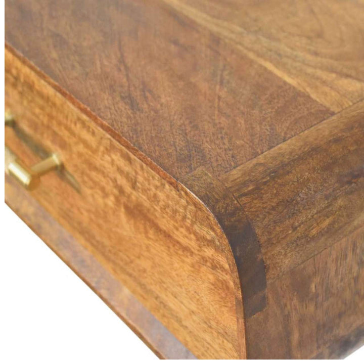 Amber Oak Curved Floating Bedside Table in Solid Mango Wood - product view 6 showing handcrafted solid mango wood nightstand