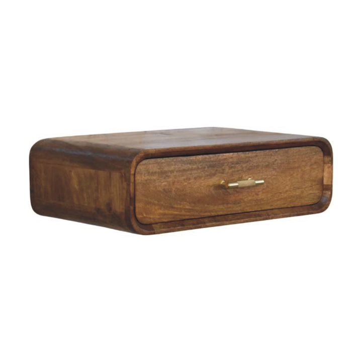 Amber Oak Curved Floating Bedside Table in Solid Mango Wood - main view showing handcrafted solid mango wood nightstand