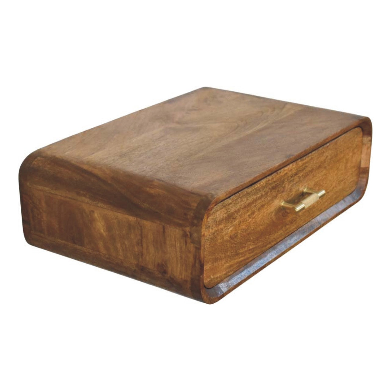Amber Oak Curved Floating Bedside Table in Solid Mango Wood - product view 4 showing handcrafted solid mango wood nightstand