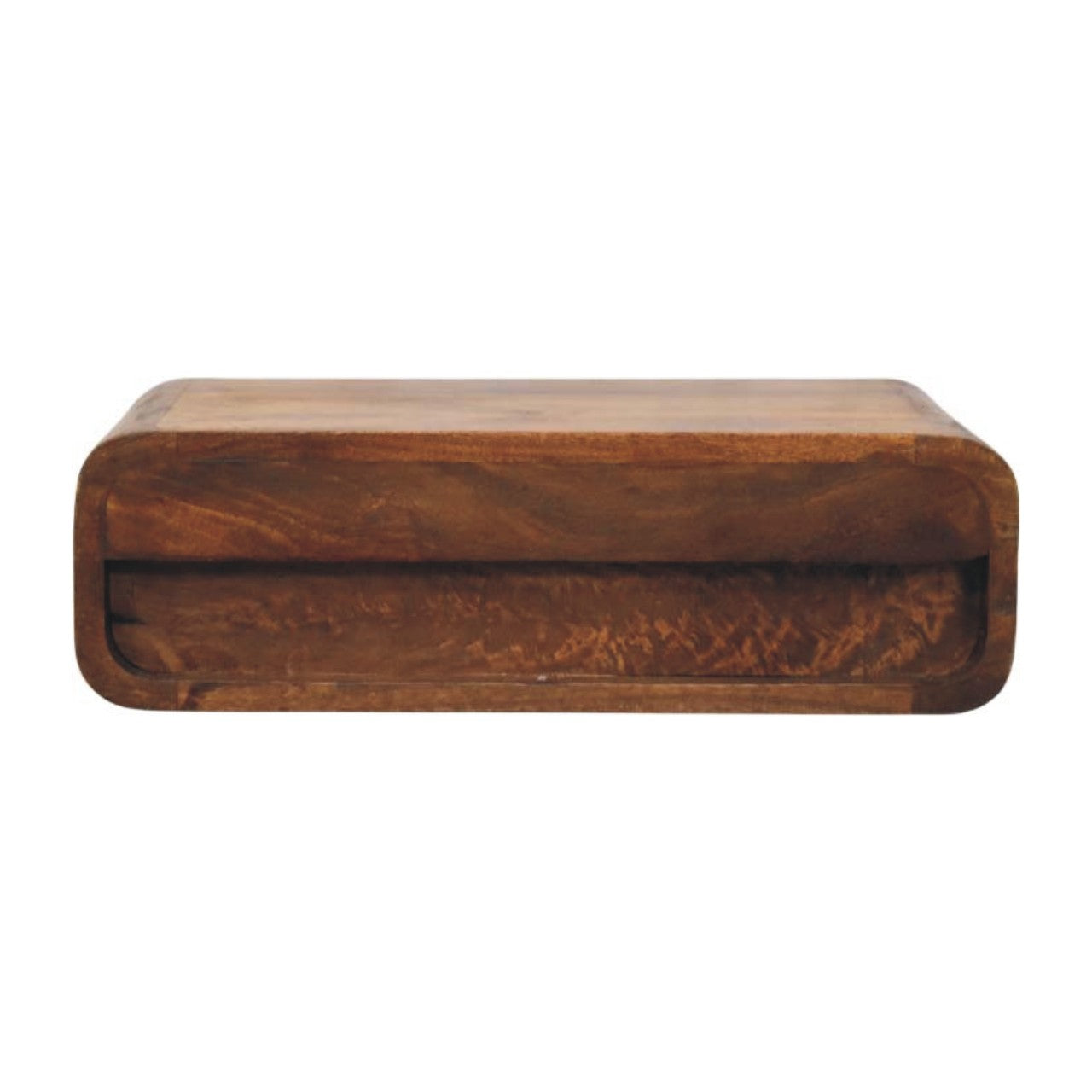 Amber Oak Curved Floating Bedside Table in Solid Mango Wood - product view 8 showing handcrafted solid mango wood nightstand