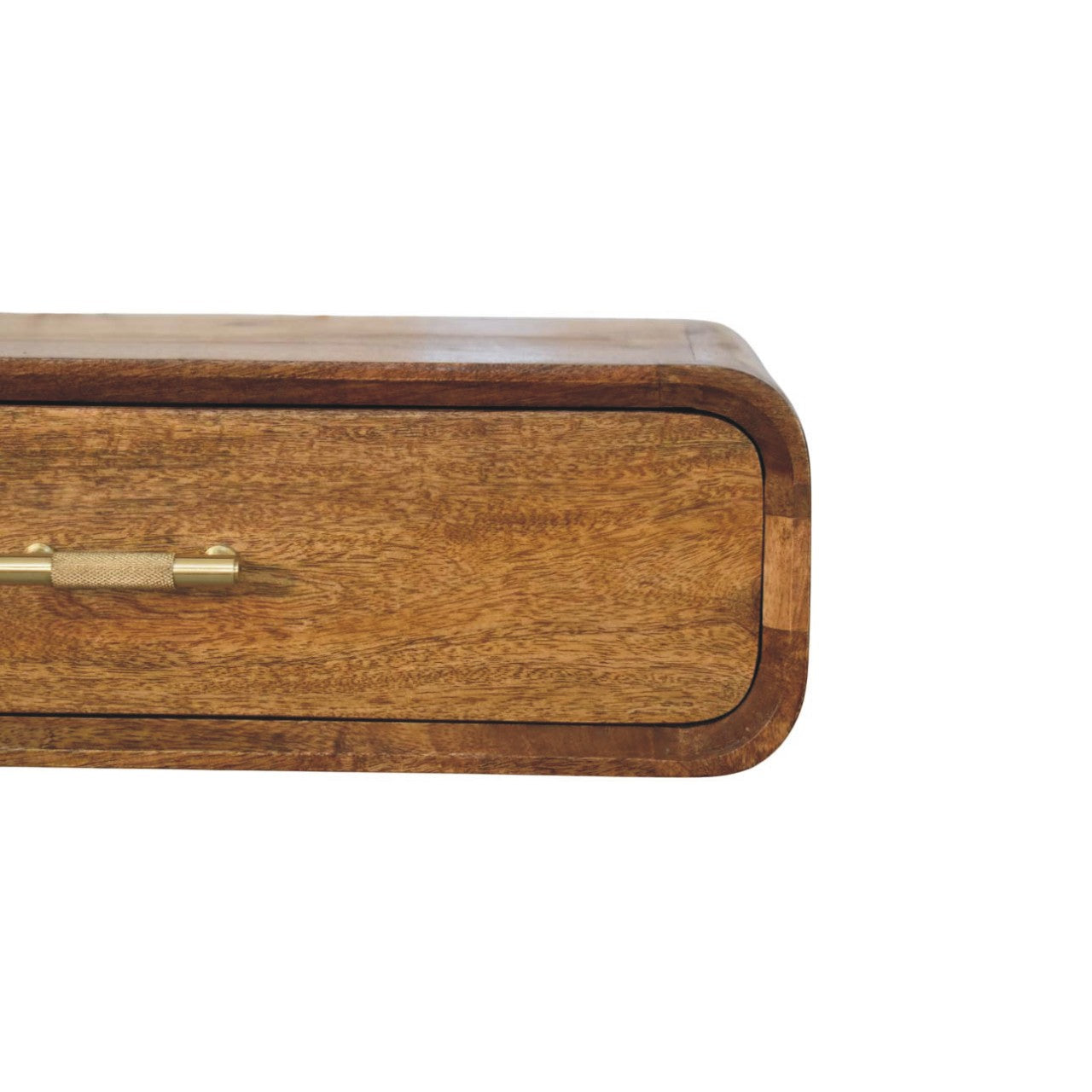 Amber Oak Curved Floating Bedside Table in Solid Mango Wood - product view 3 showing handcrafted solid mango wood nightstand