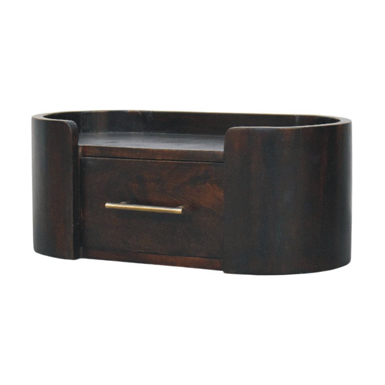 Curved Front Wall Nightstand crafted from solid mango wood with rich Velvet Mocha finish and minimalist metal bar handle.
