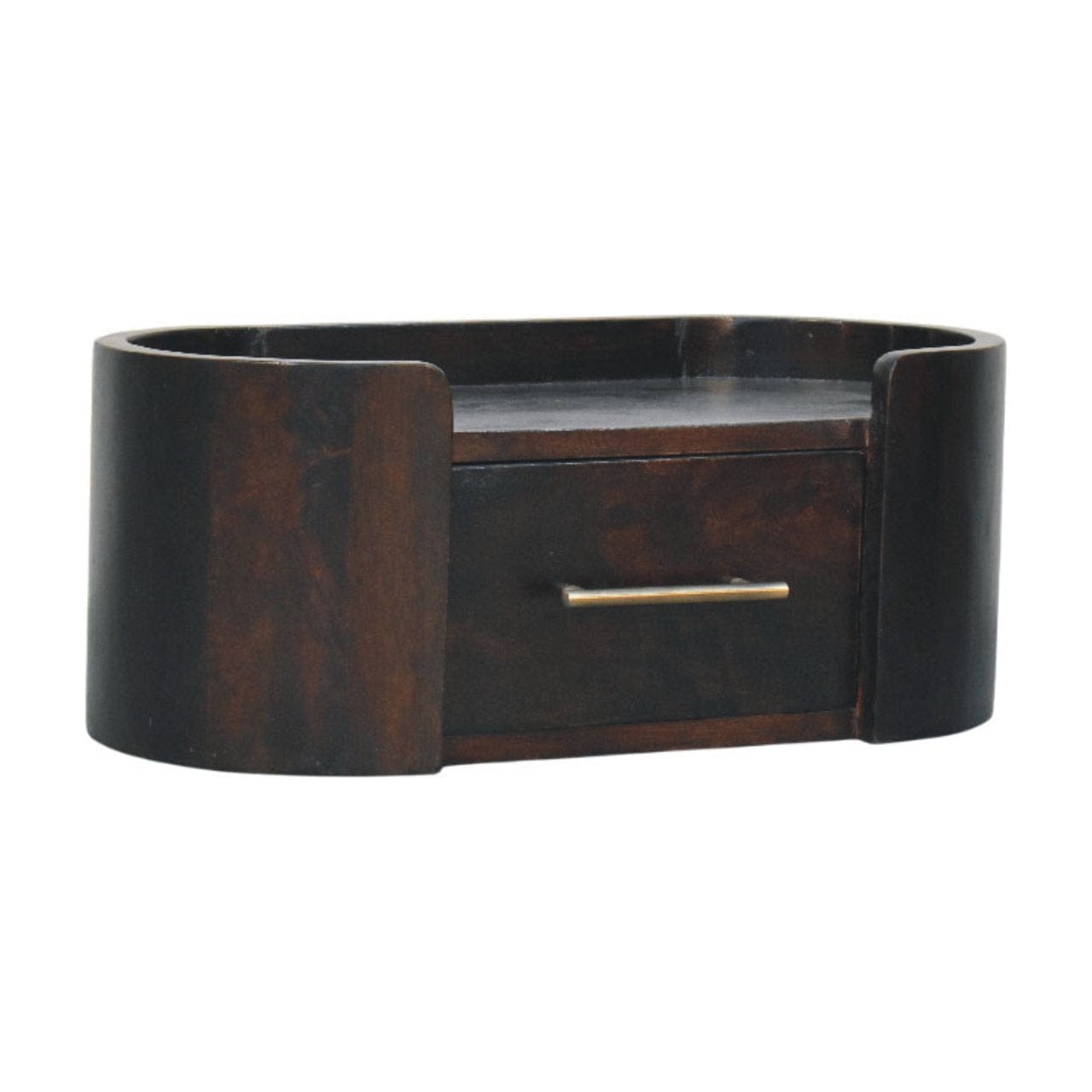 Curved Front Wall Nightstand in rich Velvet Mocha finish with smooth curved panels and minimalist metal handle.