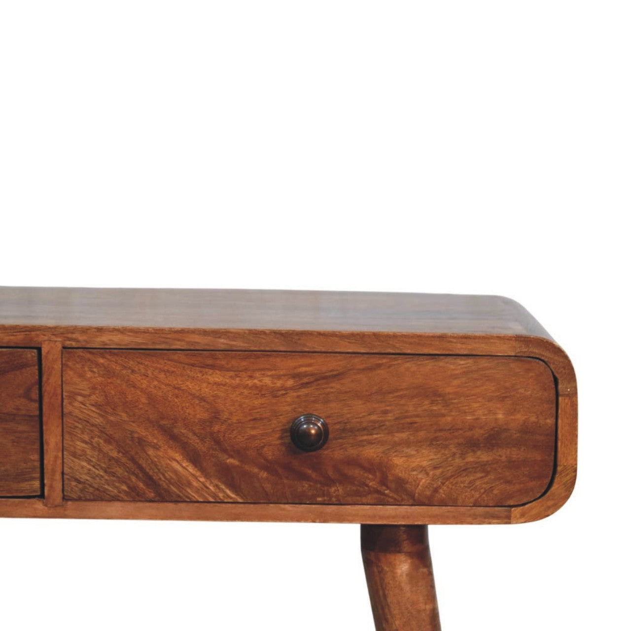 Honey Caramel Curved Console Table in Solid Mango Wood - product view 4 showing handcrafted solid mango wood console table
