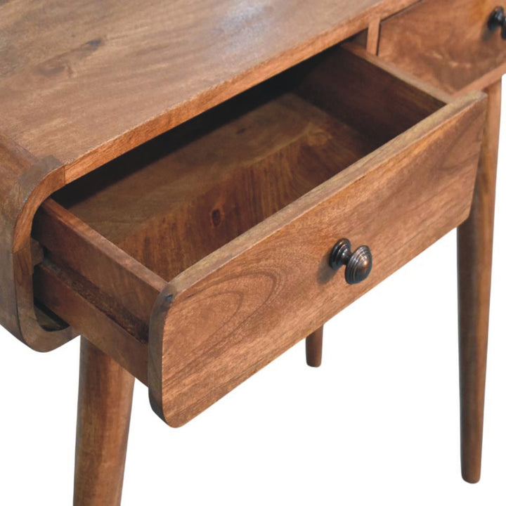 Honey Caramel Curved Console Table in Solid Mango Wood - product view 5 showing handcrafted solid mango wood console table