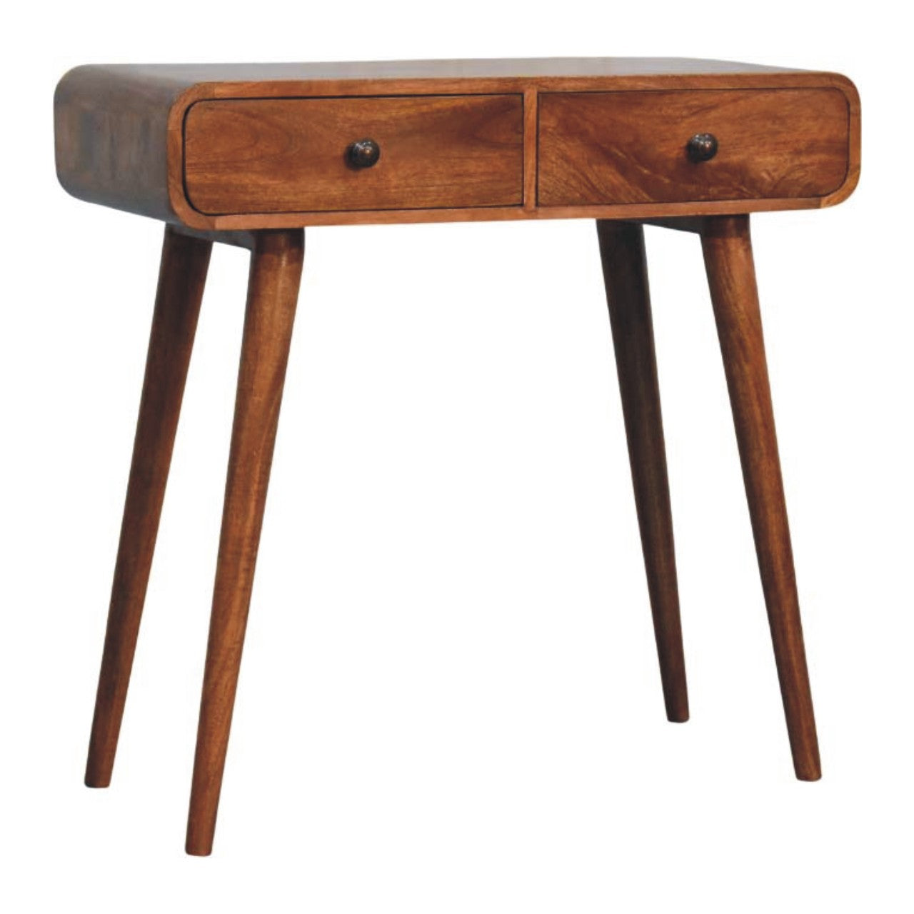 Honey Caramel Curved Console Table in Solid Mango Wood - product view 2 showing handcrafted solid mango wood console table