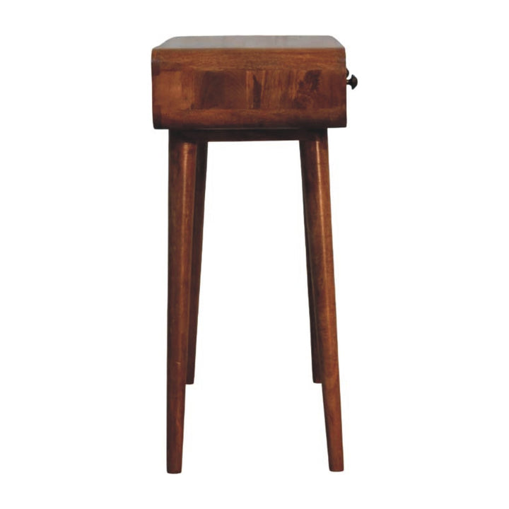 Honey Caramel Curved Console Table in Solid Mango Wood - product view 8 showing handcrafted solid mango wood console table