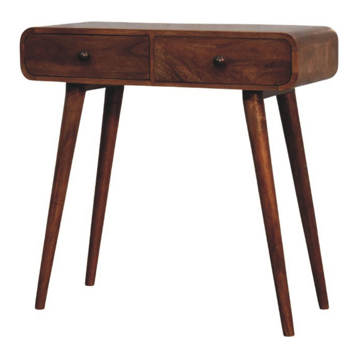Honey Caramel Curved Console Table in Solid Mango Wood - product view 3 showing handcrafted solid mango wood console table