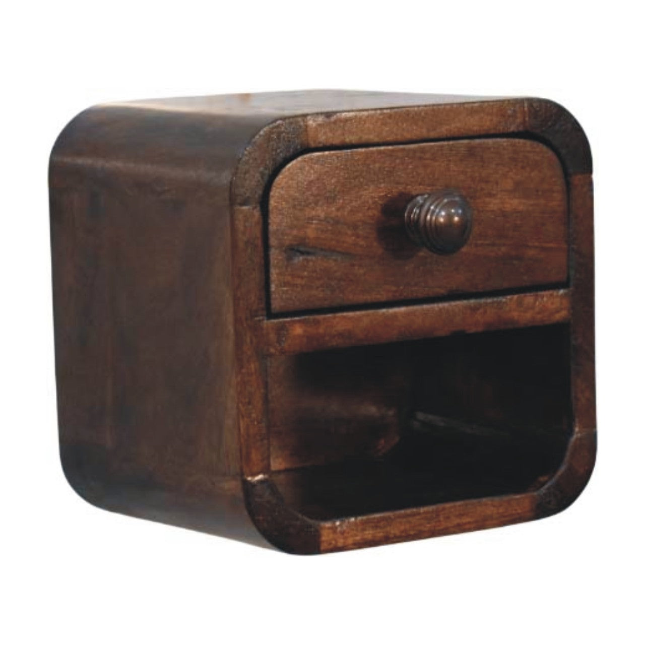 California Walnut Curved Wall-Mounted Bedside Table in Solid Mango Wood - product view 2 showing handcrafted solid mango...