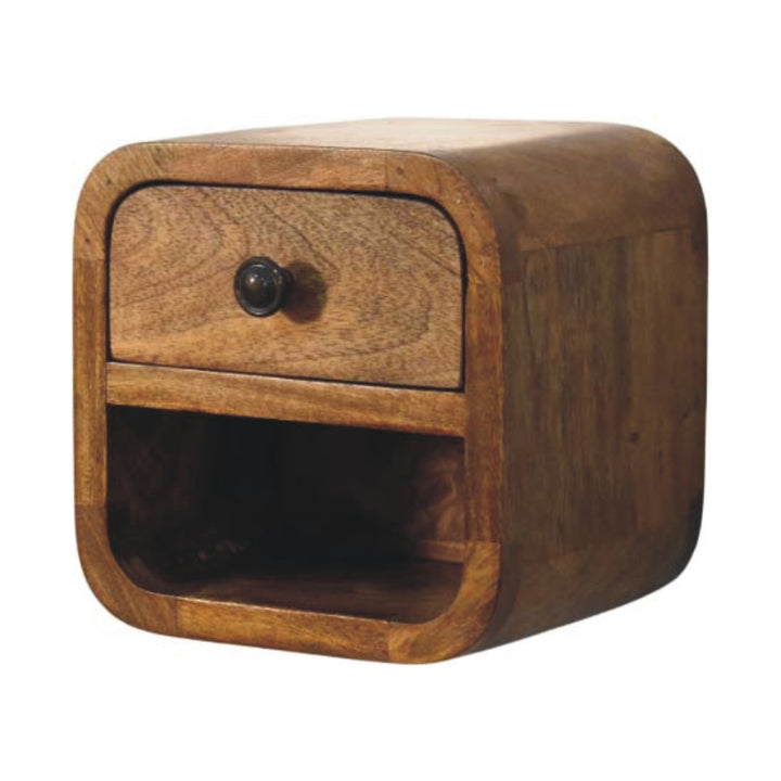 Amber Oak Curved Wall-Mounted Bedside Table - main view showing handcrafted solid wood nightstand