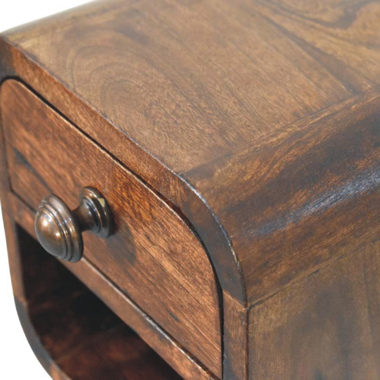 California Walnut Curved Wall-Mounted Bedside Table in Solid Mango Wood - product view 4 showing handcrafted solid mango...