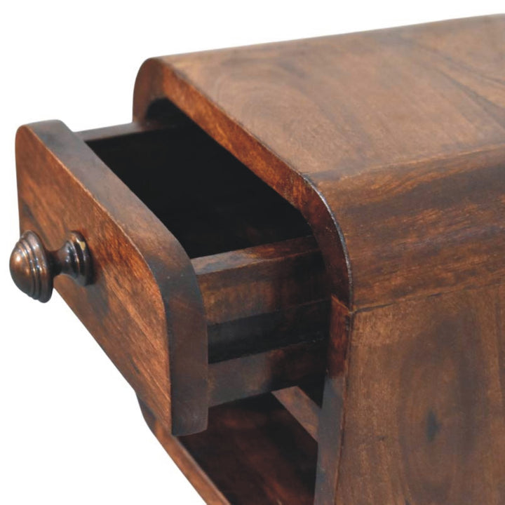 California Walnut Curved Wall-Mounted Bedside Table in Solid Mango Wood - product view 5 showing handcrafted solid mango...