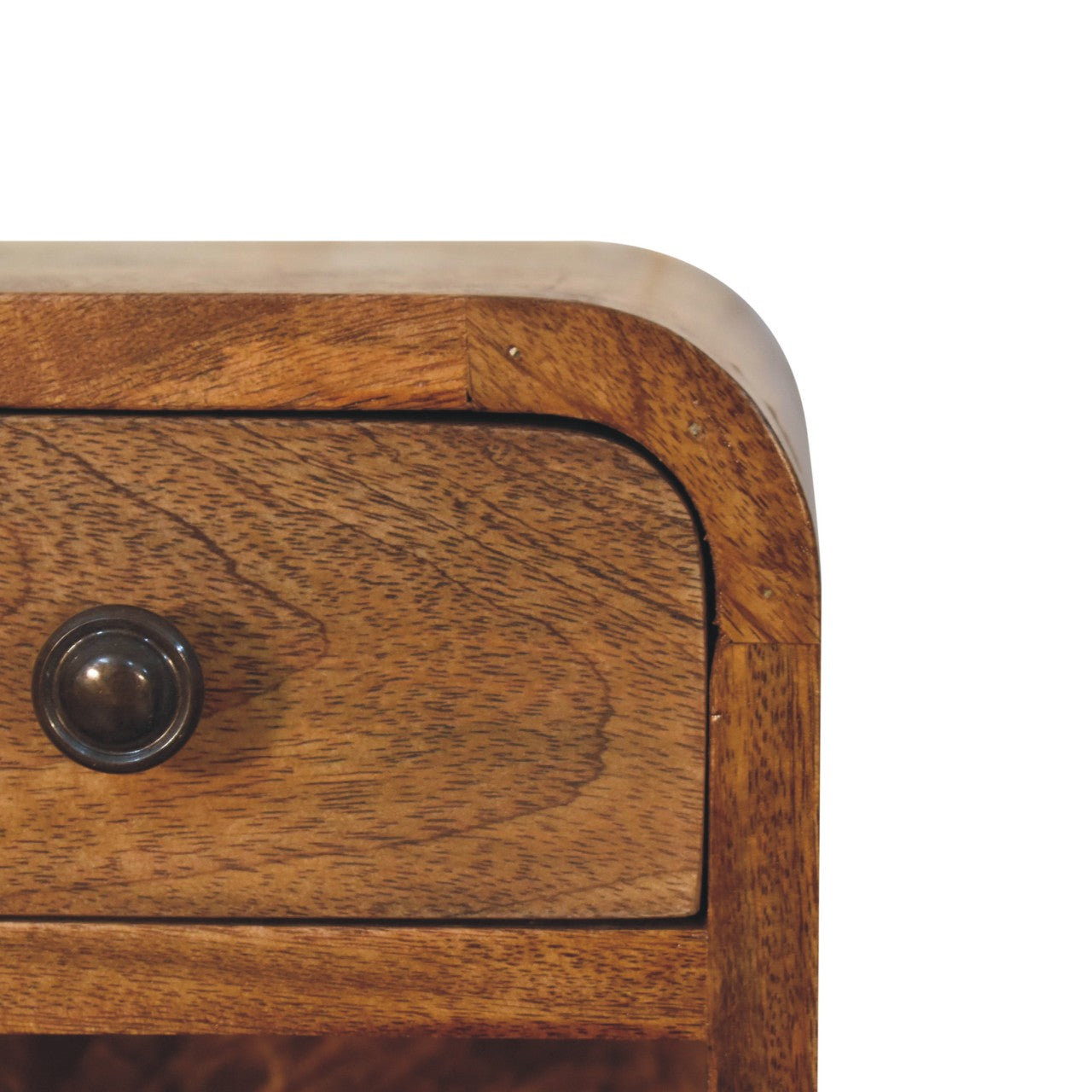 Amber Oak Curved Wall-Mounted Bedside Table - product view 3 showing handcrafted solid wood nightstand