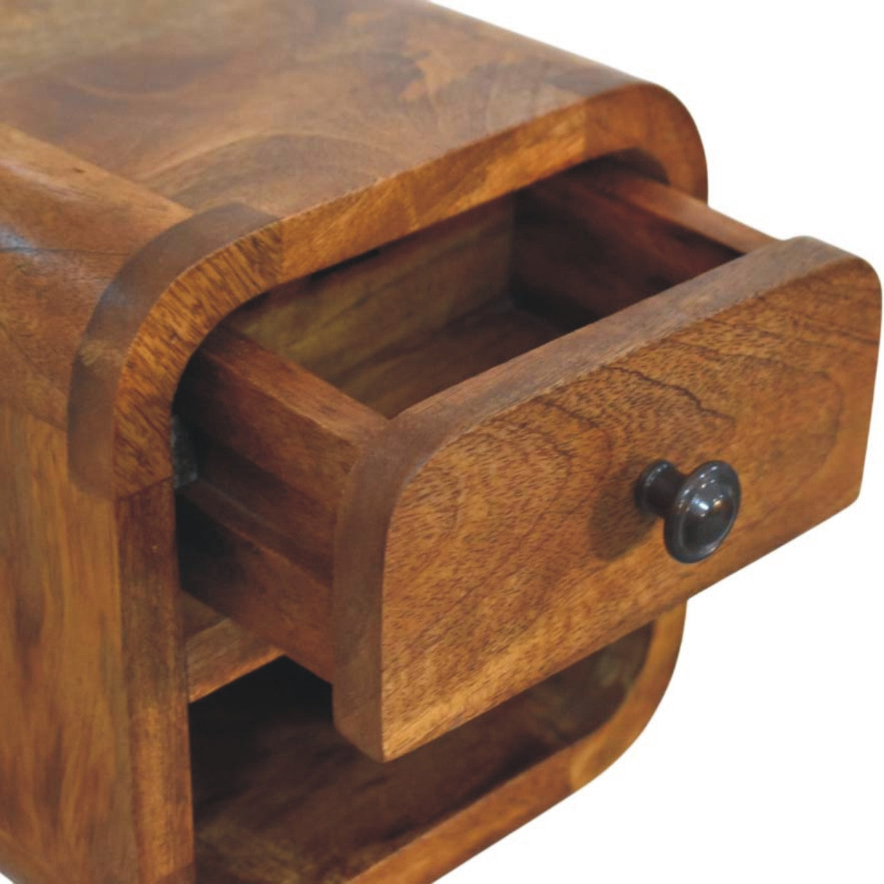 Amber Oak Curved Wall-Mounted Bedside Table - product view 5 showing handcrafted solid wood nightstand