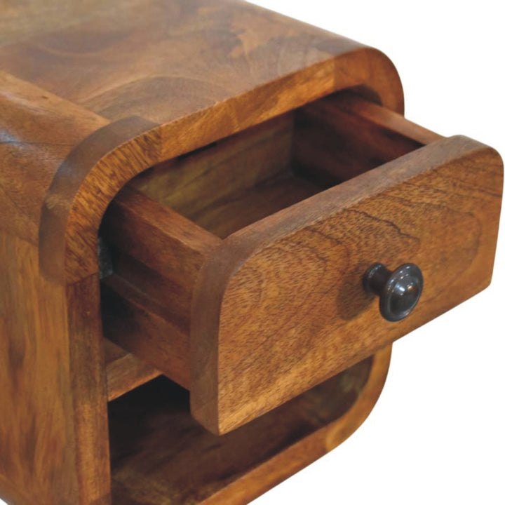 Amber Oak Curved Wall-Mounted Bedside Table - product view 5 showing handcrafted solid wood nightstand