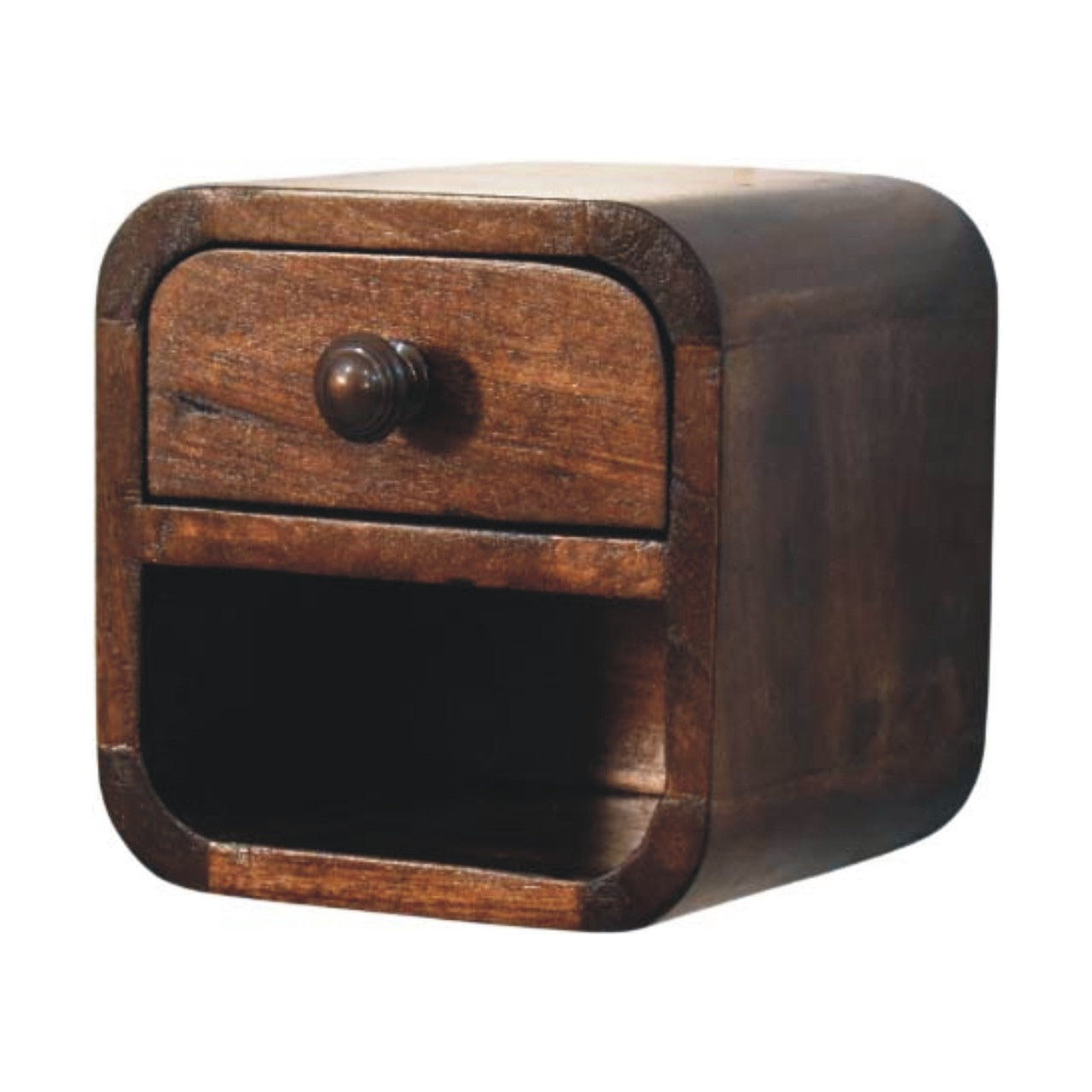 California Walnut Curved Wall-Mounted Bedside Table in Solid Mango Wood - main view showing handcrafted solid mango wood...