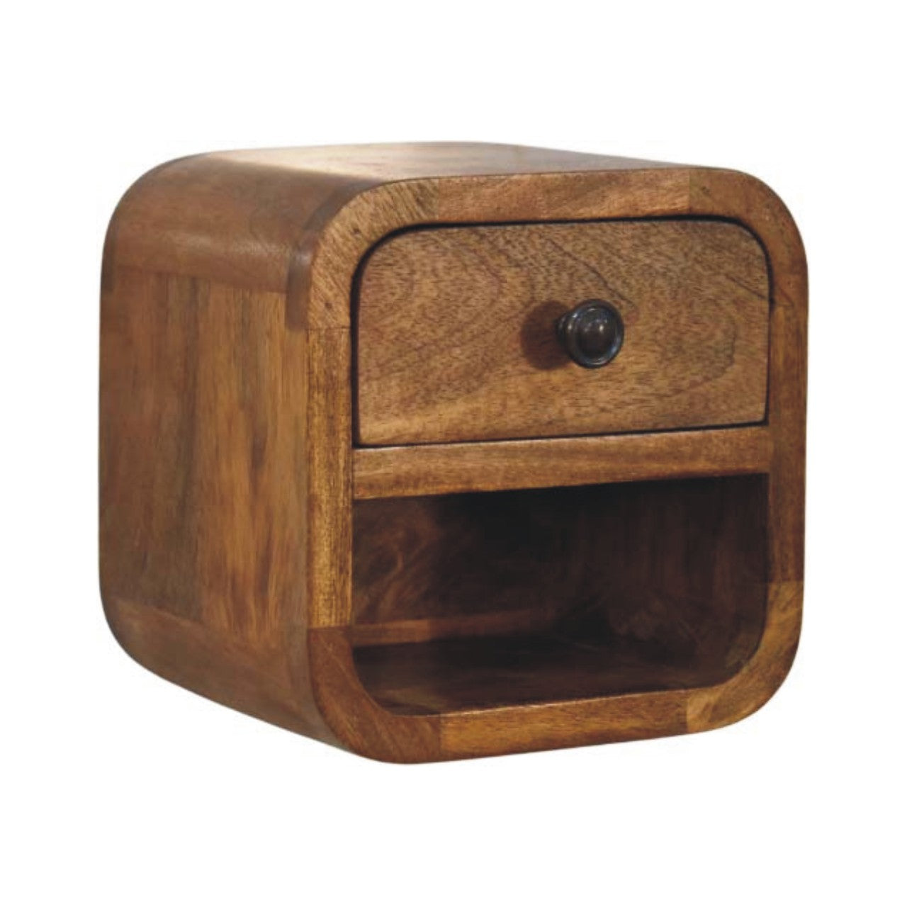 Amber Oak Curved Wall-Mounted Bedside Table - product view 2 showing handcrafted solid wood nightstand