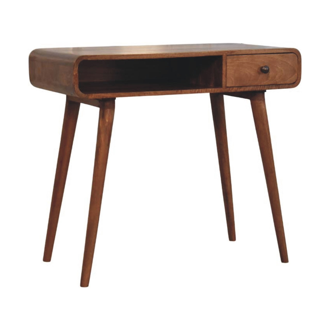 Honey Caramel Curved Writing Desk in Solid Mango Wood - product view 2 showing handcrafted solid mango wood desk
