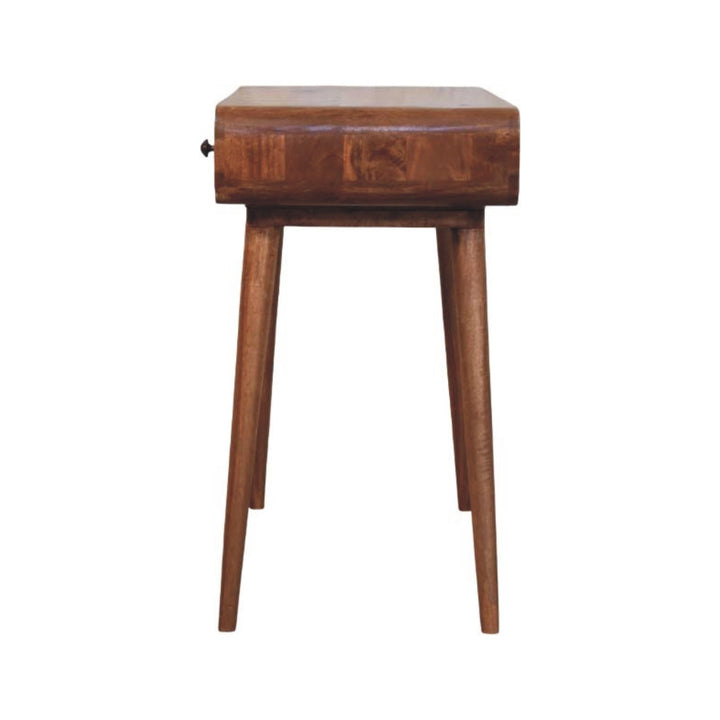 Honey Caramel Curved Writing Desk in Solid Mango Wood - product view 7 showing handcrafted solid mango wood desk