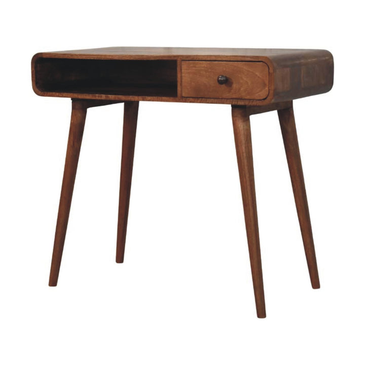 Honey Caramel Curved Writing Desk in Solid Mango Wood - main view showing handcrafted solid mango wood desk