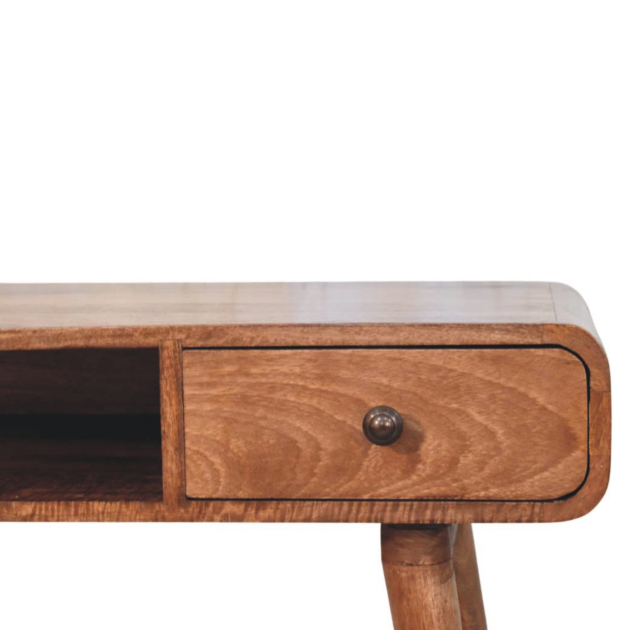 Honey Caramel Curved Writing Desk in Solid Mango Wood - product view 3 showing handcrafted solid mango wood desk
