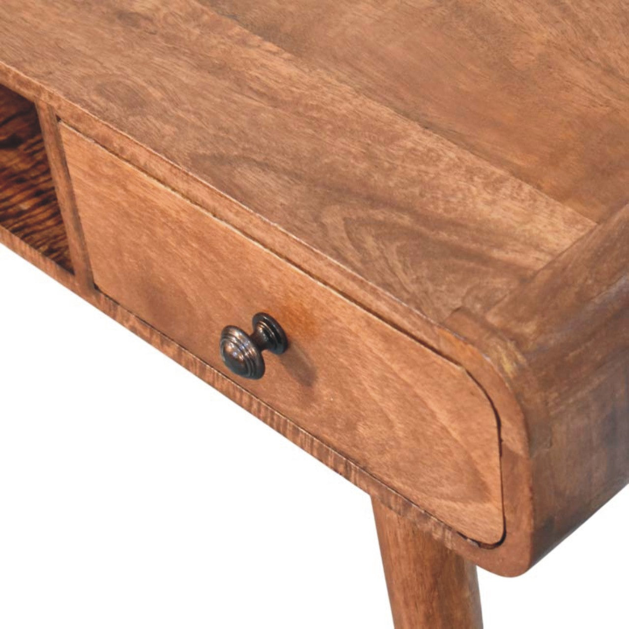 Honey Caramel Curved Writing Desk in Solid Mango Wood - product view 4 showing handcrafted solid mango wood desk