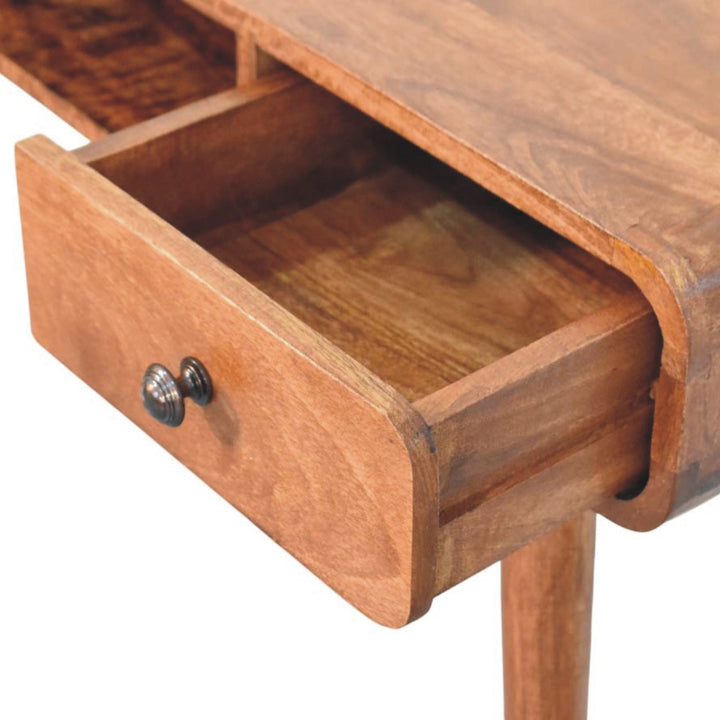 Honey Caramel Curved Writing Desk in Solid Mango Wood - product view 5 showing handcrafted solid mango wood desk