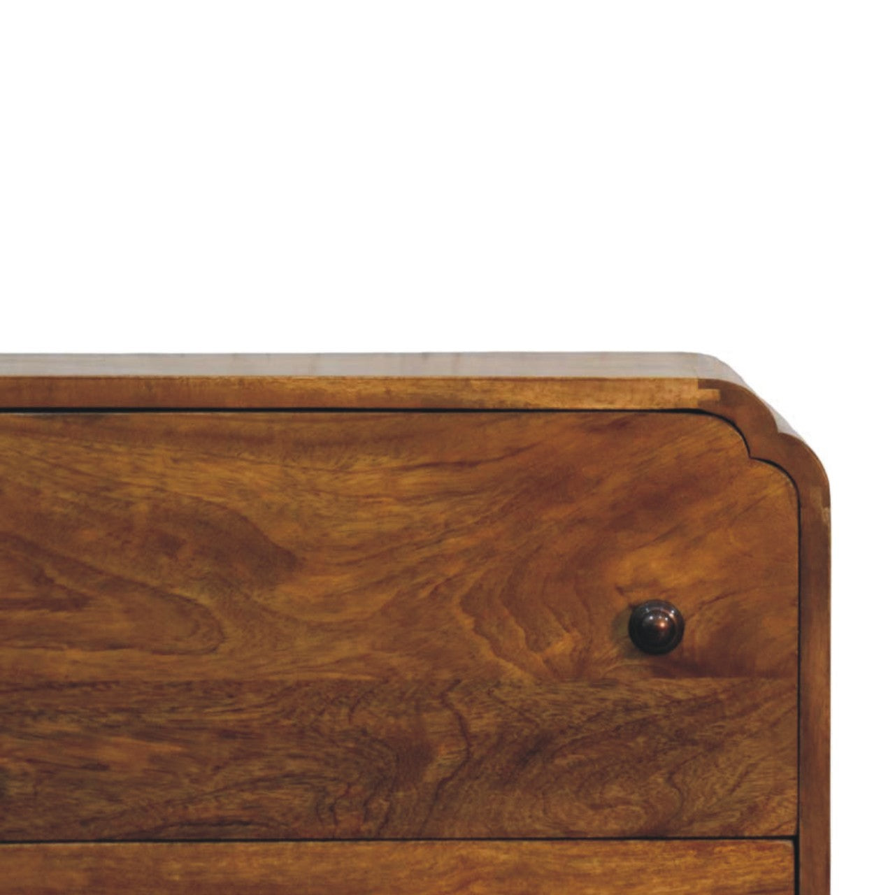 Amber Oak Scalloped Edge Storage Chest in Solid Mango Wood - product view 4 showing handcrafted solid mango wood dresser