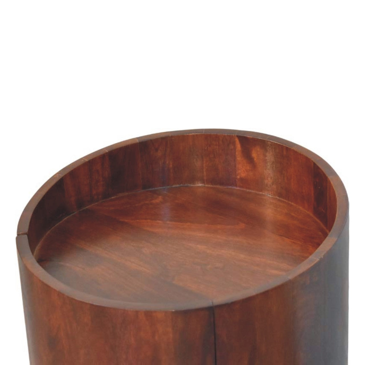 Winewood Round Side Cabinet in Solid Mango Wood - product view 3 showing handcrafted solid mango wood cabinet