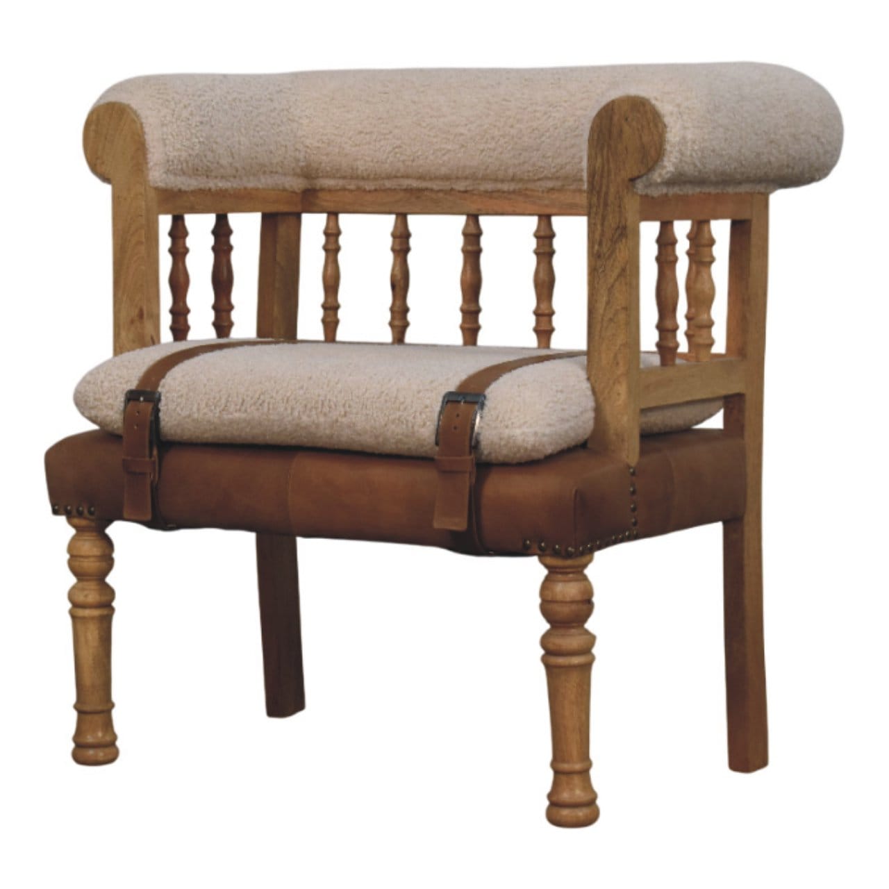 Farmhouse Boucle Accent Chair - Solid Mango Wood Lounge Chair for Living Room - product view 2 showing handcrafted solid...