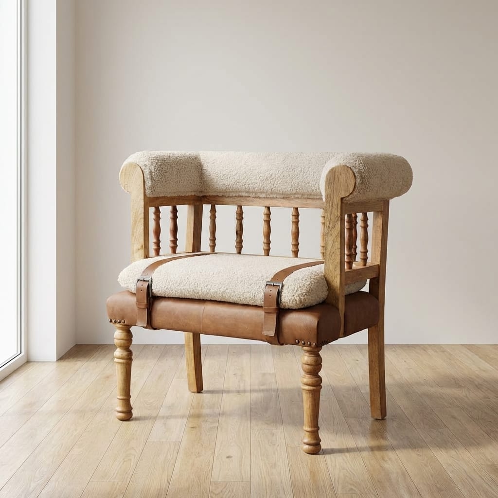 Farmhouse Boucle Accent Chair - Solid Mango Wood Lounge Chair for Living Room - main view showing handcrafted solid mango...