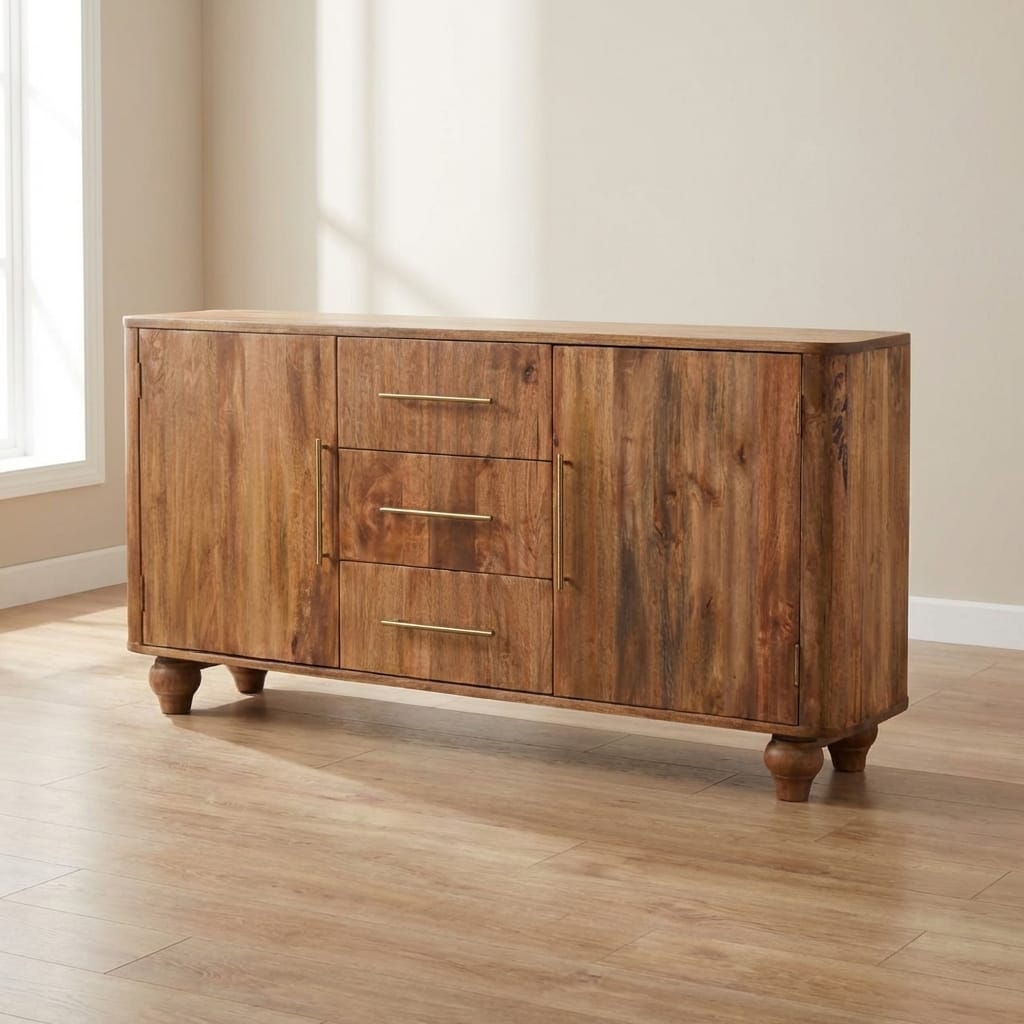 Farmhouse Montara Sideboard - Solid Mango Wood Buffet Cabinet for Dining Room - main view showing handcrafted solid mango...
