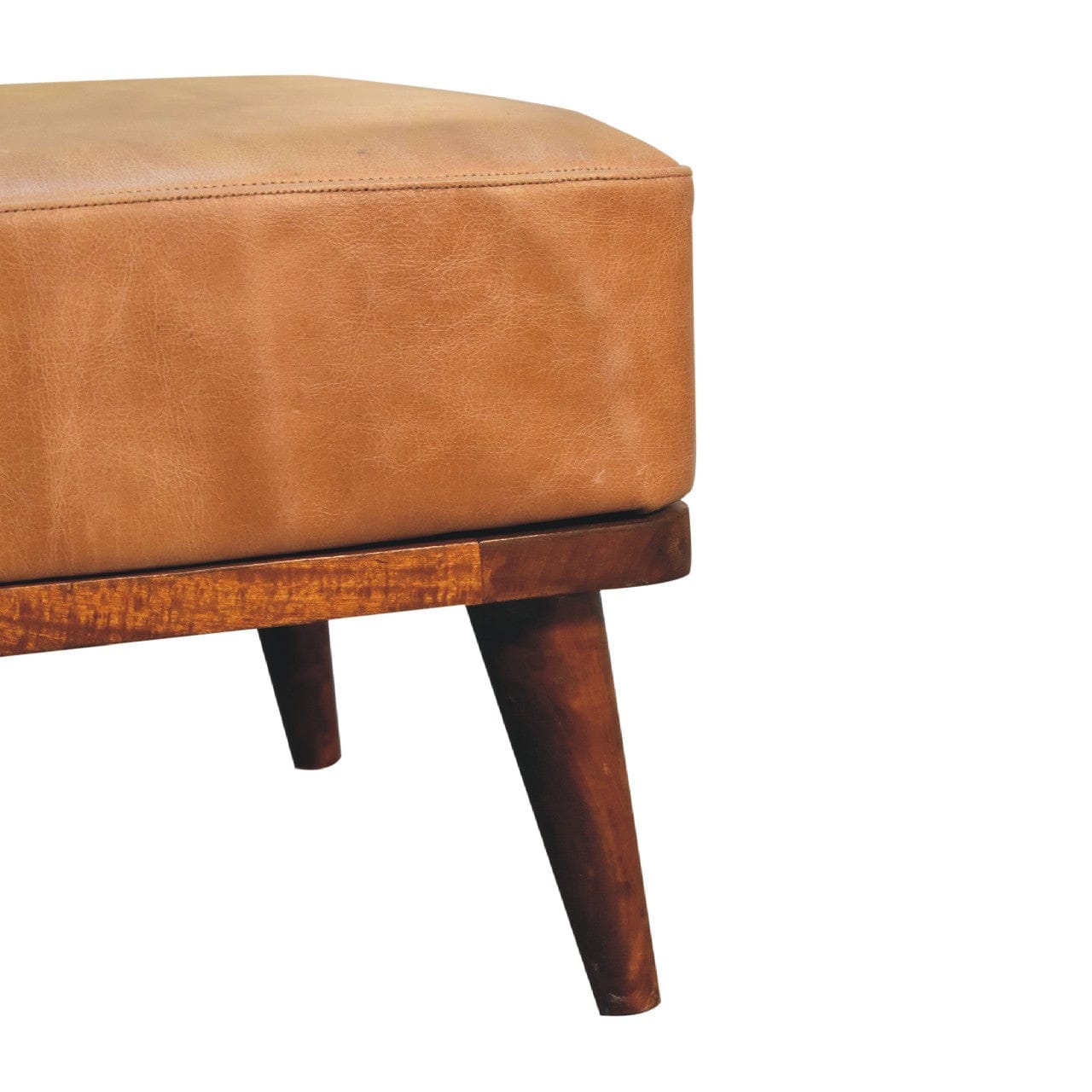 Farmhouse Tan Buffalo Leather Footstool - Solid Mango Wood Accent Stool for Living Room - product view 6 showing...